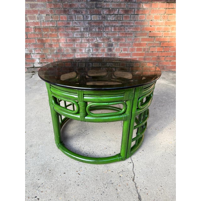 Mid-Century Modern Mid-Century Bespoke Green Rattan Smoked Glass Side Table - Newly Painted For Sale - Image 3 of 12