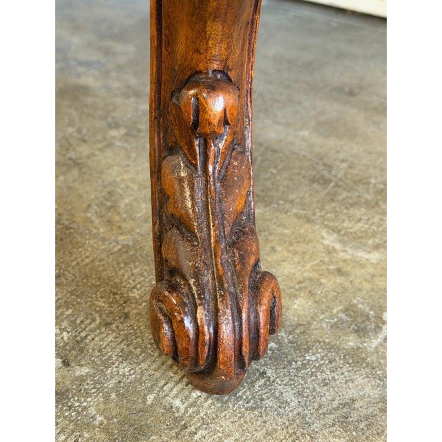 Antique French Louis XV Bench, Hand-Carved Wood & Brown Leather For Sale - Image 11 of 14