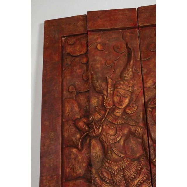 Monumental Vintage Thai Hand-Carved Wood Kinnari Wall Panel, Red and Gold For Sale In Palm Springs - Image 6 of 15