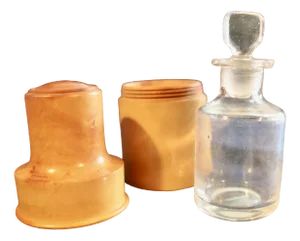 Treen Apothecarys Bottle and Spherical Thimble Box in Sycamore, Set of 3