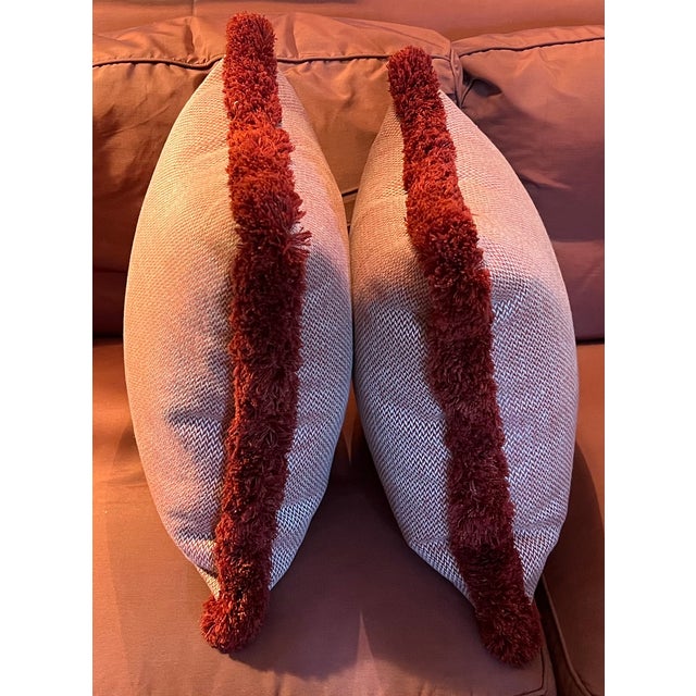 Custom Red & White Woven Chevron Pillows With Passementerie Fringe Trim - A Pair For Sale In New York - Image 6 of 10