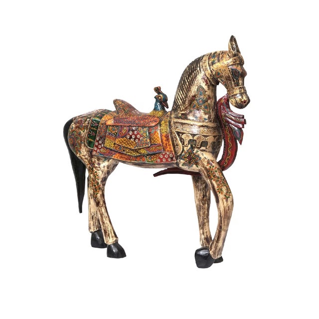 Wood 1940s Handcrafted White Wooden Horse Statue | Jeweled Indian Royal Equestrian Sculpture | Art Deco Wood Carving | Unique Housewarming Gift For Sale - Image 7 of 9