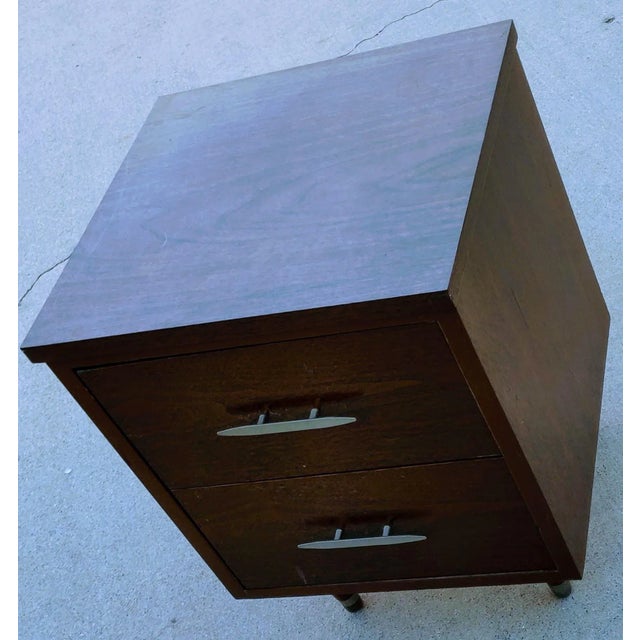1960s Eames Era Sold Wood Two Drawer Desk Cabinet With Pegged Capped Peg Legs For Sale - Image 5 of 9