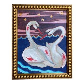 Original Acrylic Swan Painting by Tatiana Duperault, Gilded Wood Frame, 13" X 16" For Sale