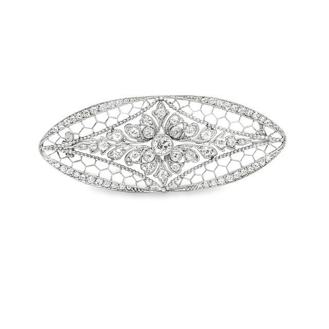 Platinum Vintage Filigree Style Diamond Brooch For Sale - Image 4 of 10