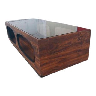 1970's Smoked Glass and Walnut Cubed Coffee Table For Sale