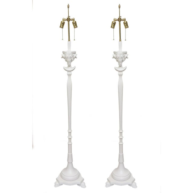 This fantastic pair of vintage Sirmos wood rams head floor lamps have been totally restored from top to bottom. They are...