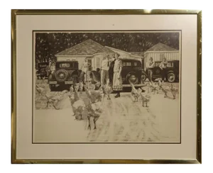 Al Bates Naturalistic Gray Toned Landscape Lithograph of La Grange Chicken Ranch in Texas 1970s