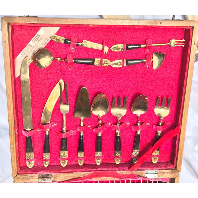 1950s Rosewood and Brass Siam Flatware Boxed Set - Service for 12, 144-Pieces For Sale - Image 9 of 12