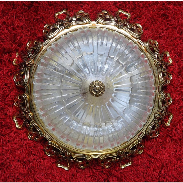 Metal Vintage Brass and Crystal Glass Ceiling Lamp from Unbekannt, 1970s For Sale - Image 7 of 8
