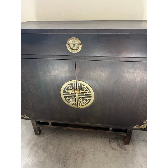Oxblood Red Vintage Stunning Cabinet by Kalpe of California in Dark Espresso Brown With Beautiful Solid Brass Asia Accents For Sale - Image 8 of 12
