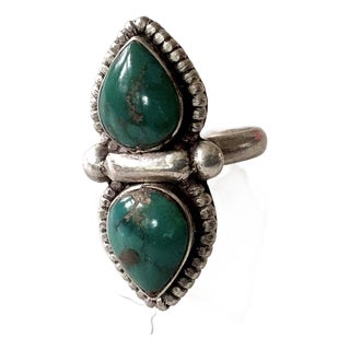 Antique Blue Green Turquoise and Sterling Silver Ring For Sale