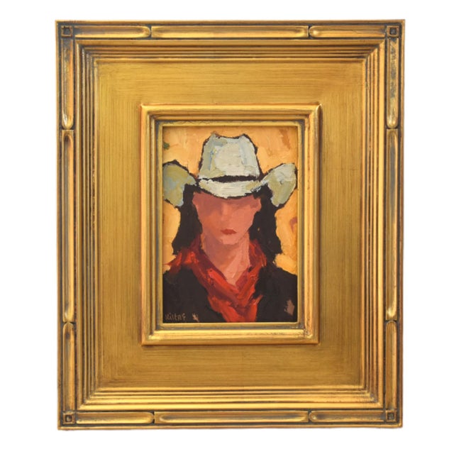 2020s Impressionist Western Cowgirl Portrait Painting Including the Antiqued Gold Wood Frame For Sale - Image 5 of 5