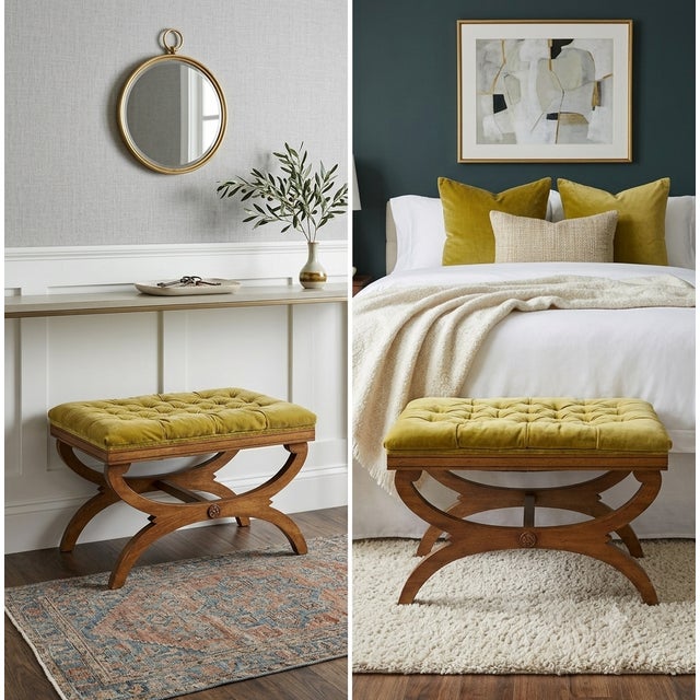 Elevate your interior with this sophisticated, Regency-style X-base bench, masterfully crafted by Gilliam Furniture....