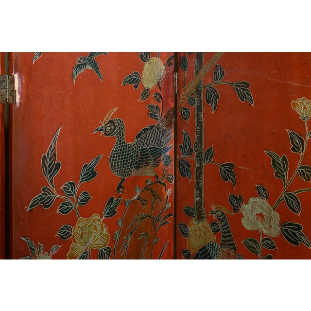 Asian Four-Panel Red and Black Floor Screen With Decorations For Sale - Image 4 of 6