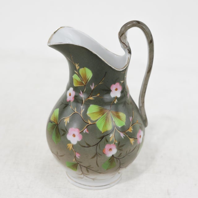 Art Nouveau Victorian Vintage Hand-Painted Porcelain Pitcher & Cup Set – Floral Art Nouveau Design For Sale - Image 3 of 11