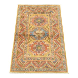 Kazak Rug 2’8” X 4′ Gold Wool Tribal Hand-Knotted Oriental Carpet For Sale
