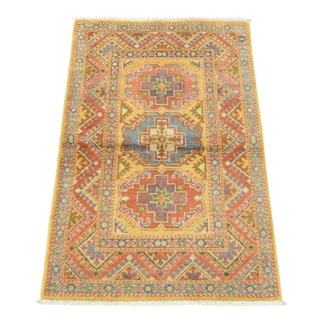 Kazak Rug 2’8” X 4′ Gold Wool Tribal Hand-Knotted Oriental Carpet For Sale