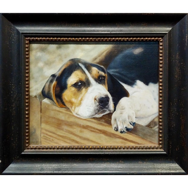 Anita Baarns - Cute Foxhound Puppy Relaxing -Oil Painting Oil painting on canvas -Signed and dated 2005 Canvas size 9x11"...