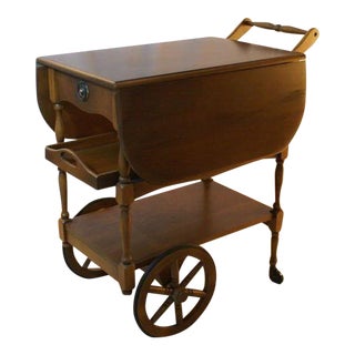 1970s Vintage Pecan Drop-Leaf Rolling Tea Cart Server Drawer + Removable Tray For Sale