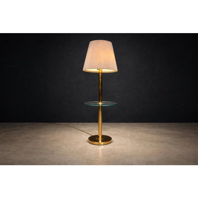 Mid-Century Modern Mid-Century Modern Brass Floor Lamp with Integrated Glass Shelf and Pleated Shade, Italy, 1960s - Lot 902 For Sale - Image 3 of 11
