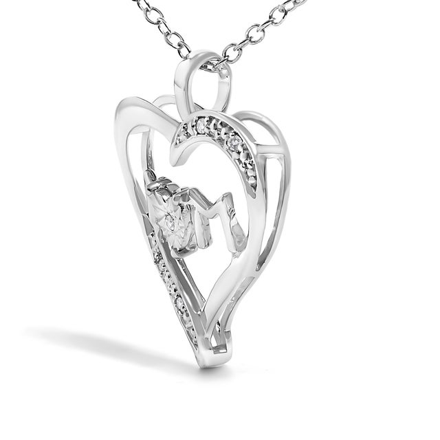 Contemporary .925 Sterling Silver Diamond Accent MOM with Heart Pendant Necklace (J-K Color, I2-I3 Clarity) - 18" Inches For Sale - Image 3 of 5