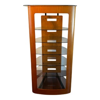 2000s Bdi Modern Cherry Wood & Tempered Glass Media Console and Audio Tower Set - 2 Pieces For Sale