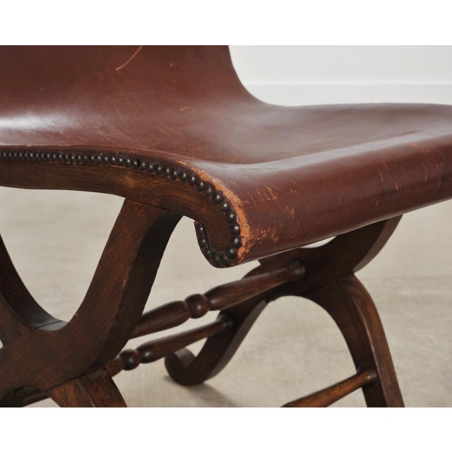 Set of Eight French Provincial Leather Oak Curule Dining Chairs For Sale - Image 9 of 18