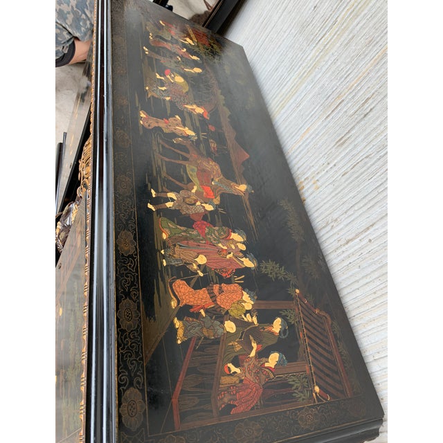 20th Black Lacquer and Hand Painted Open Altar Table or Sideboard For Sale - Image 4 of 13