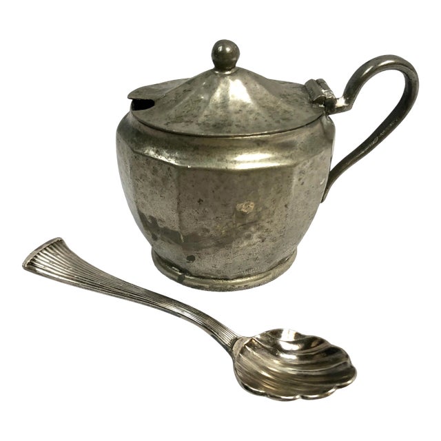 Antique English Pewter Mustard With Cobalt Blue Liner, 2 Pieces For Sale