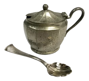Antique English Pewter Mustard With Cobalt Blue Liner, 2 Pieces