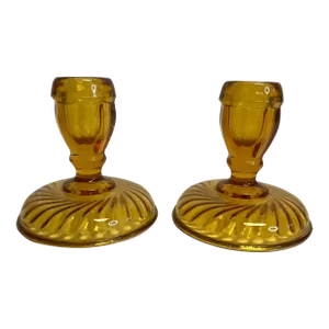 Vintage Depression Era Pressed Amber Glass Candle Holders - A Pair