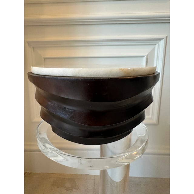 Vintage 1970’s Handcarved Wood Bowl With Cork Lined Marble Top For Sale - Image 12 of 15