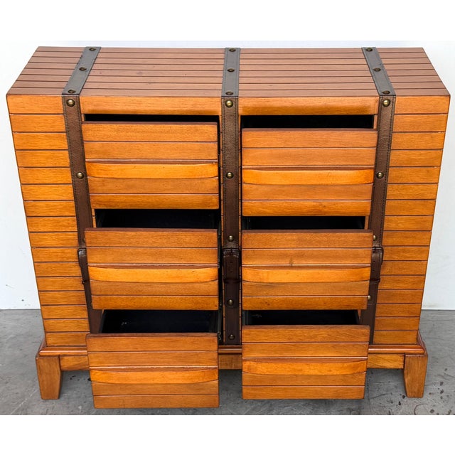 French Moderne Style Leather-Strapped Six-Drawer Chest Manner of Jacques Adnet For Sale - Image 9 of 14