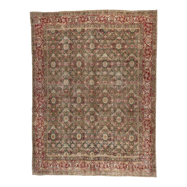 Zabihi Collection Dark Green Oversize Persian Tabriz Carpet For Sale