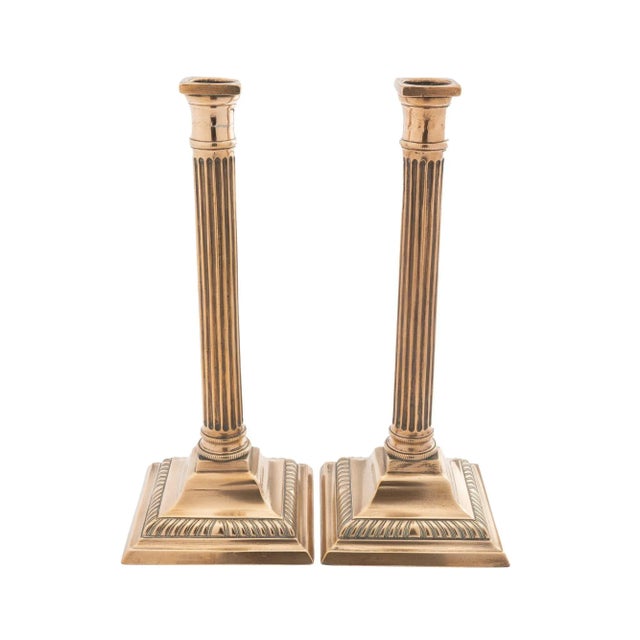 Pair of English Cast Brass Columnar Candlesticks (1790) For Sale - Image 4 of 12