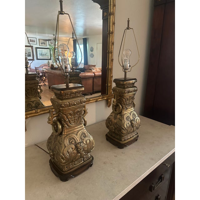 Vintage Brass Urn Table Lamps With Elaborate Asian-Inspired Relief - Pair For Sale - Image 4 of 11