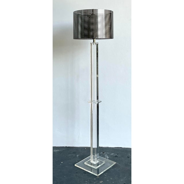 Vintage Boho Lucite Floor Lamp With Perforated Metal Shade For Sale - Image 4 of 9