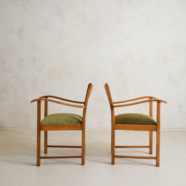 1950s French Oak Armchair with Olive Green Velvet Upholstery, 1950s - 2 Available For Sale - Image 5 of 11