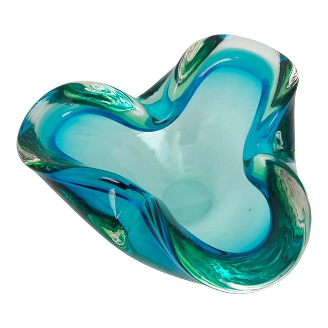 1960s Murano Style Blue Green Glass Ashtray Catchall Art Glass Bowl For Sale