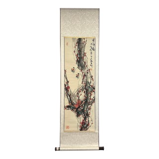 Oriental Pink Blossom Flowers Vertical Scroll Painting Wall Art For Sale
