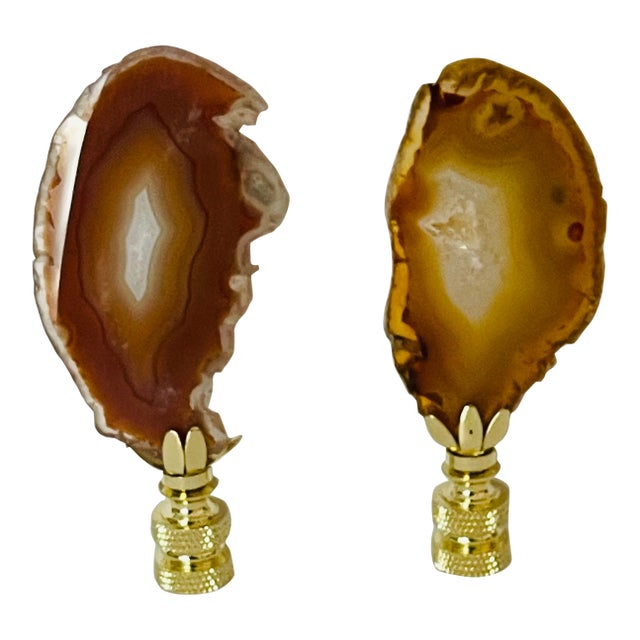 1970s Natural Afate Stone Slices Lamp Finials - a Pair For Sale