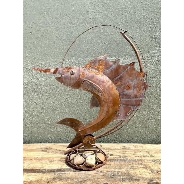 Contemporary Vintage Distressed Punch Cut Sailfish Statue For Sale - Image 3 of 12