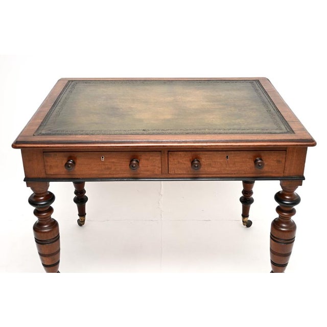 Brown Antique Victorian Leather Top Writing Table, 1880s For Sale - Image 8 of 11