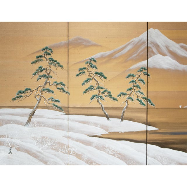 1960s 1960s Shōwa Era Japanese Silk Byobu Screen "Mountain Landscape With Pine Trees" For Sale - Image 5 of 18