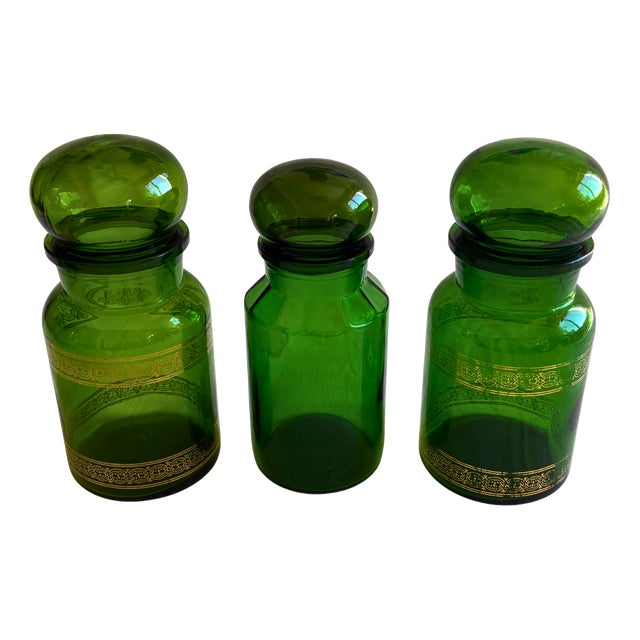 Belgian Cobalt Green Apothecary Jars, 1920s, Set of 3 For Sale