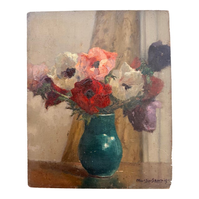 Bouquet of Anemones, Oil Painting on Panel, Signed Charles Martin-Sauvaigo 1966 For Sale