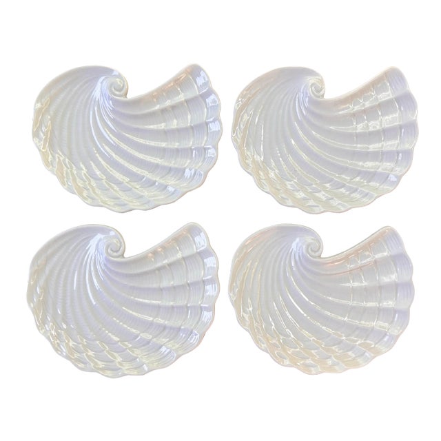 White Ceramic Sea Shell Snack Plates- Set of 4 For Sale