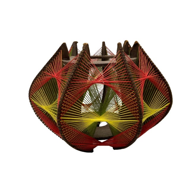Mid-Century Modern Vintage String Art Pendant, Wood, Cotton in Orange/Red, Green, Yellow, 1970s For Sale - Image 3 of 9