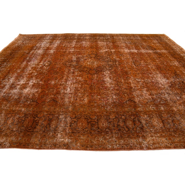 Antique Persian Overdyed Wool Rug in Orange With Floral Design For Sale In New York - Image 6 of 11